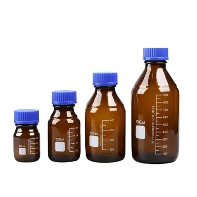 Borosilikat bärnstensglas mediaflaska med blå plast skruvlock