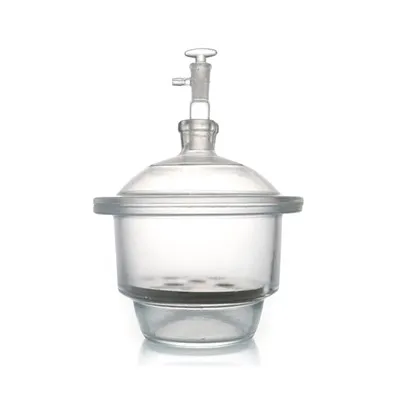 Vacuumexsickator i klarglas med slipad kran och porslinsplatta